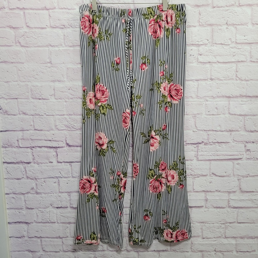 Wilde Floral Striped Wide Leg Pants 1X Flowy Cottagecore Cozy Loungewear Hippie